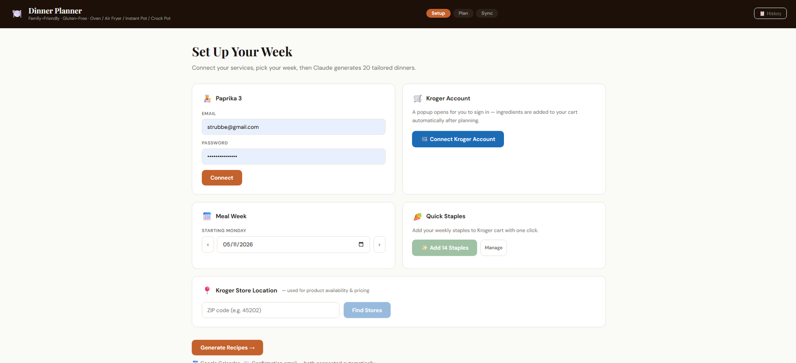 Setup screen: connect Paprika 3 and Kroger accounts, pick the meal week start date, add weekly staples, and set store location before generating recipes