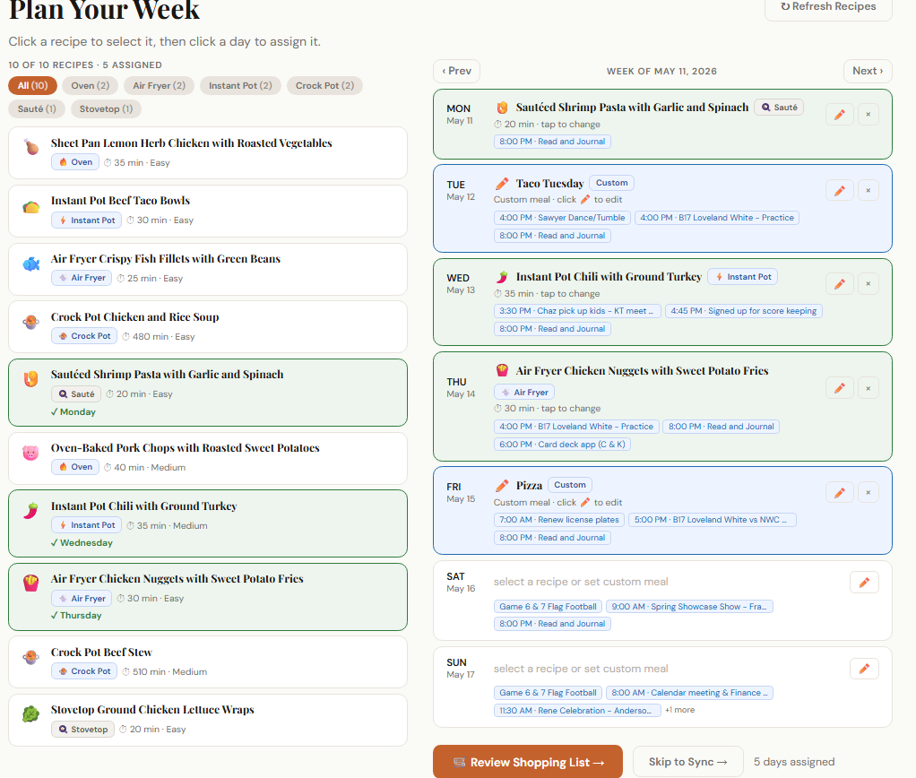 Plan Your Week with meals assigned: dinners placed on each day of the week alongside existing calendar events pulled from Google Calendar